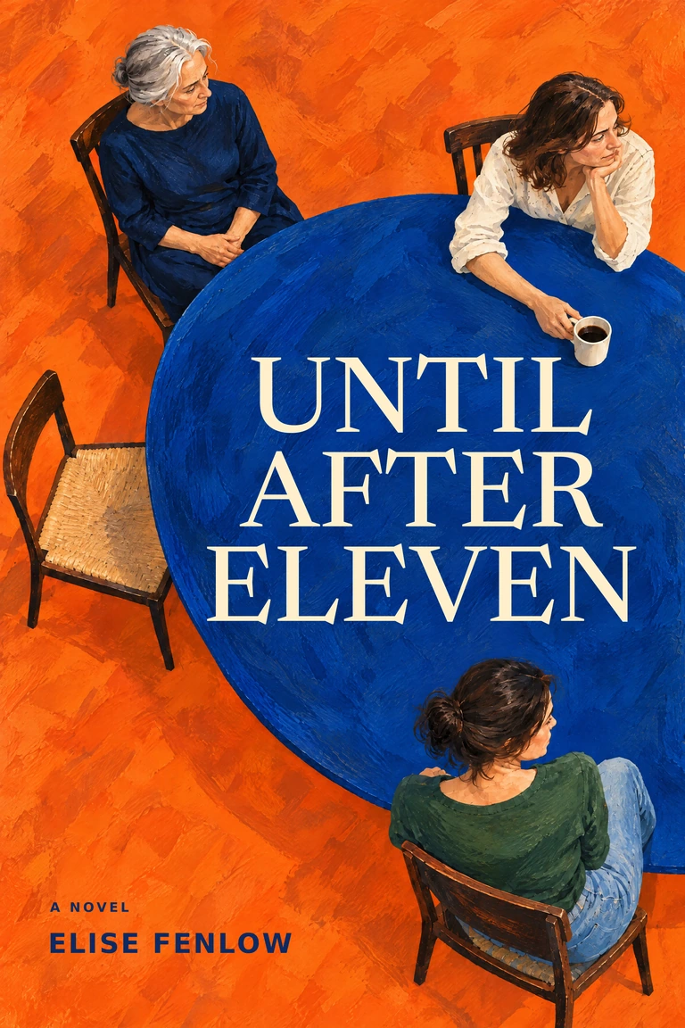 Until After Eleven by Elise Fenlow: three women and an empty chair around a cobalt table.