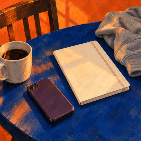 Painted still life: purple-cased phone, notebook, gray sweatshirt, and coffee.