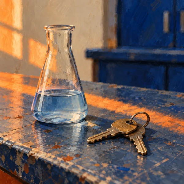 Painted still life: chemistry flask and two keys on a laboratory bench.