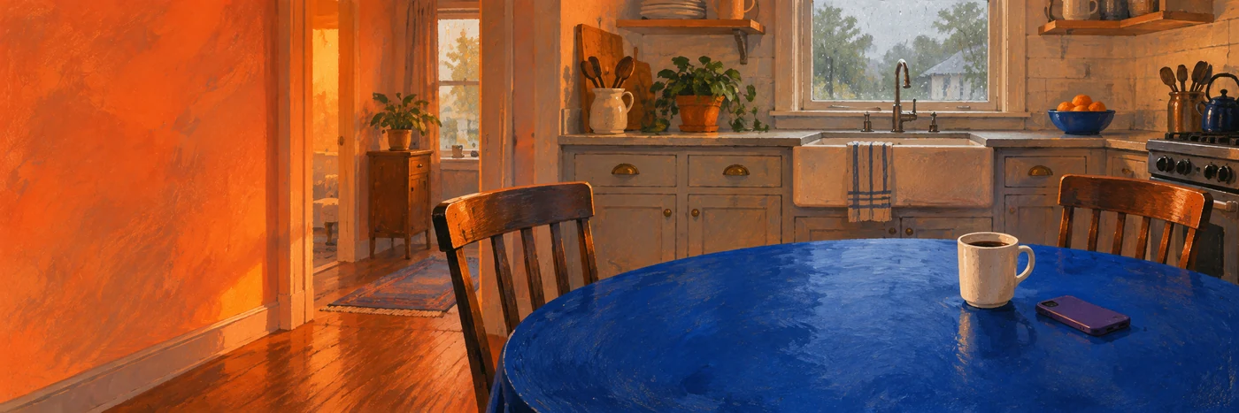 Thematic painted kitchen with two empty chairs, a blue table, a mug, and a purple-cased phone.
