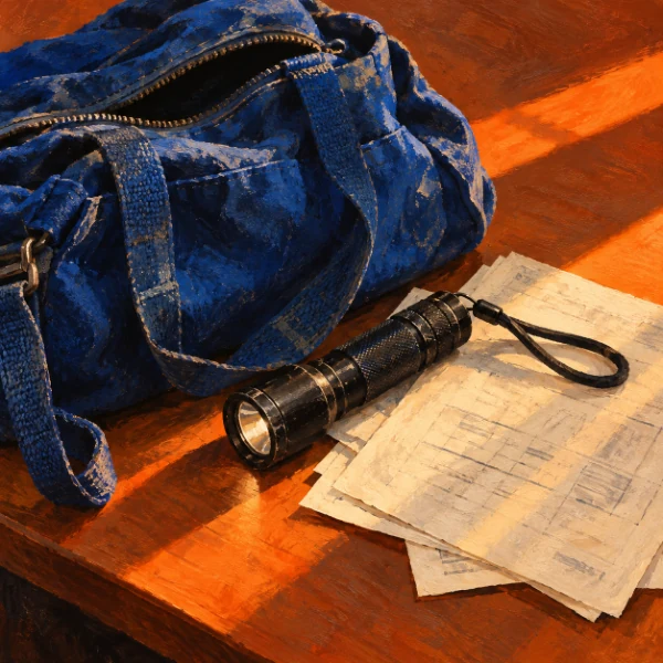 Painted still life: flashlight, blue work bag, and inspection papers.